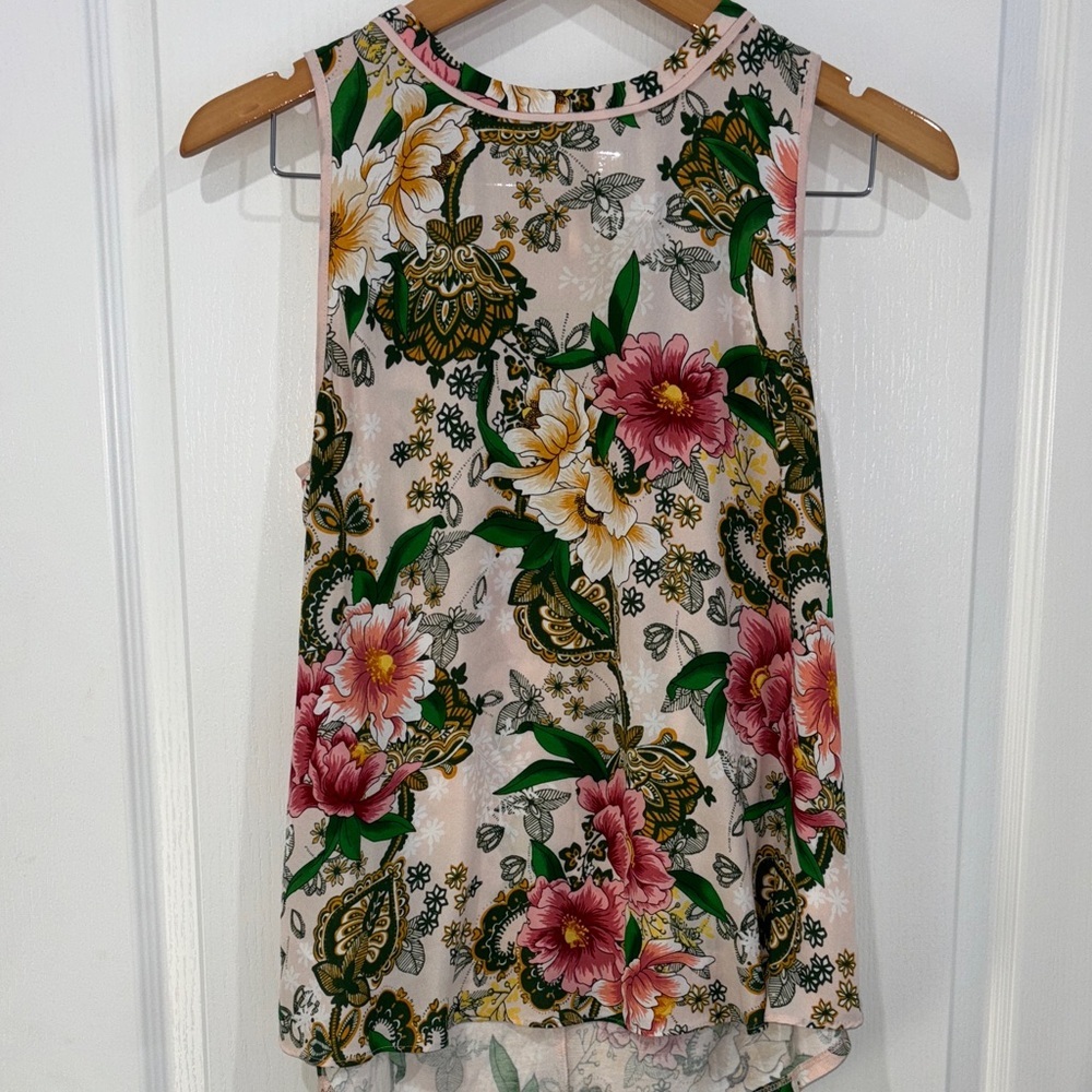 LOFT pink and green floral sleeveless tie-back top made size small